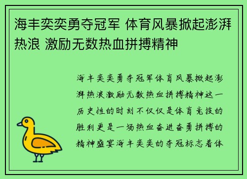 海丰奕奕勇夺冠军 体育风暴掀起澎湃热浪 激励无数热血拼搏精神